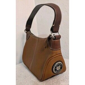 Vintage Dooney & Bourke Handbag Hobo All Weather Leather Brown w/ Circular Logo